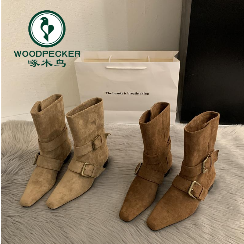 啄木鸟2025韩版新款小众设计复古法式短靴小方头西部靴中筒靴女靴