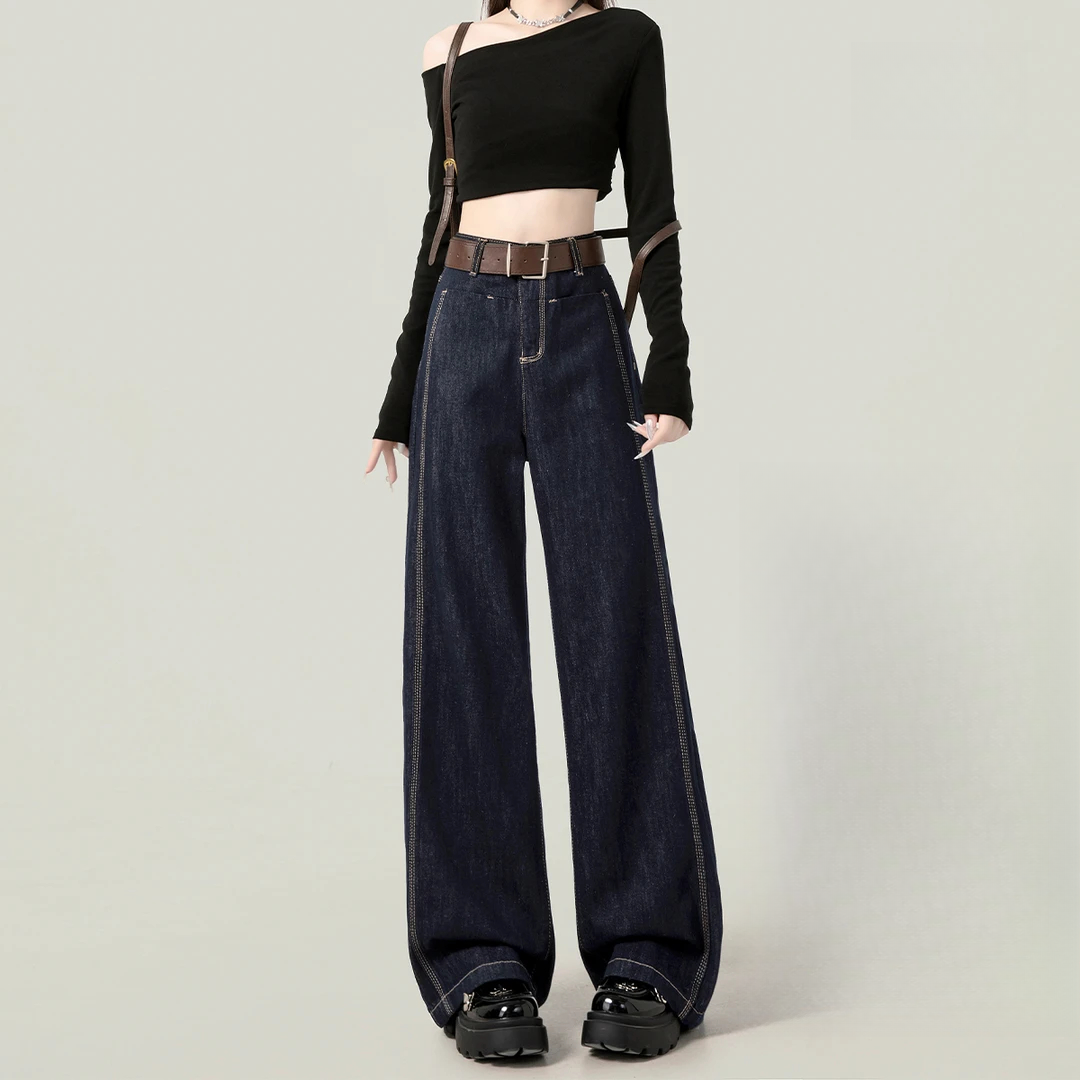 深蓝直筒感高腰阔腿拖地裤2025新款春季高腰时尚显瘦丹宁蓝牛仔裤