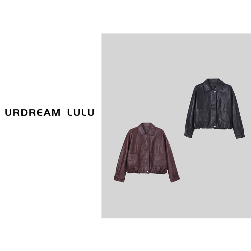[复古回潮] 早秋翻领拉链时尚皮衣女松紧下摆口袋外套-P6607