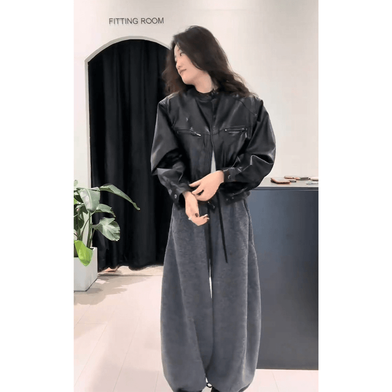 休闲小皮衣外套女早秋宽松显瘦机车服小个子夹克高腰垂感宽松裤子