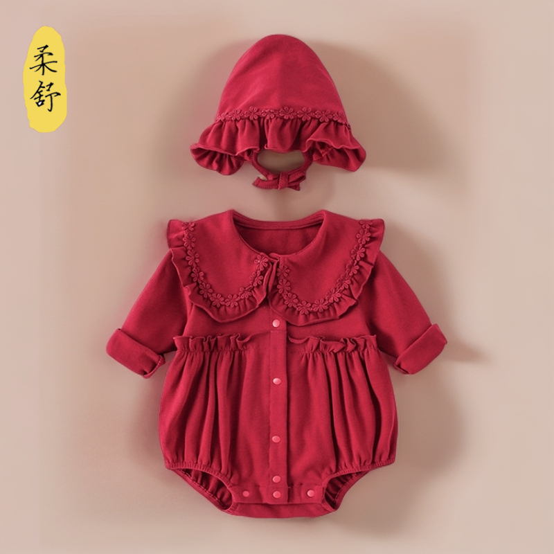 婴儿秋季薄款纯棉红色喜庆满月百天宴周岁抓周送帽子爬服三角包屁