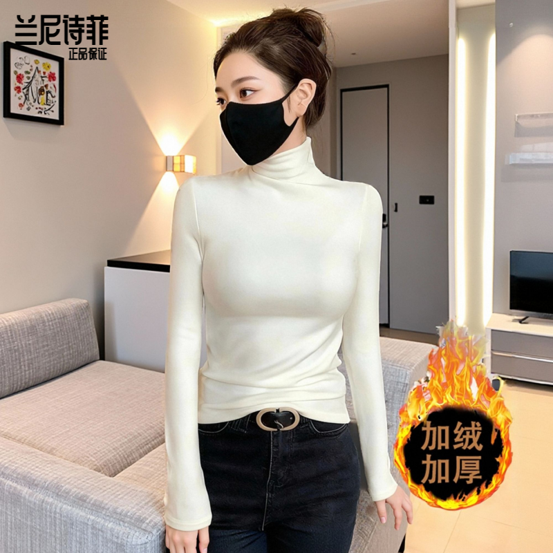 兰尼诗菲女士中领加绒t恤女秋冬新款白色打底衫内搭显瘦保暖长袖
