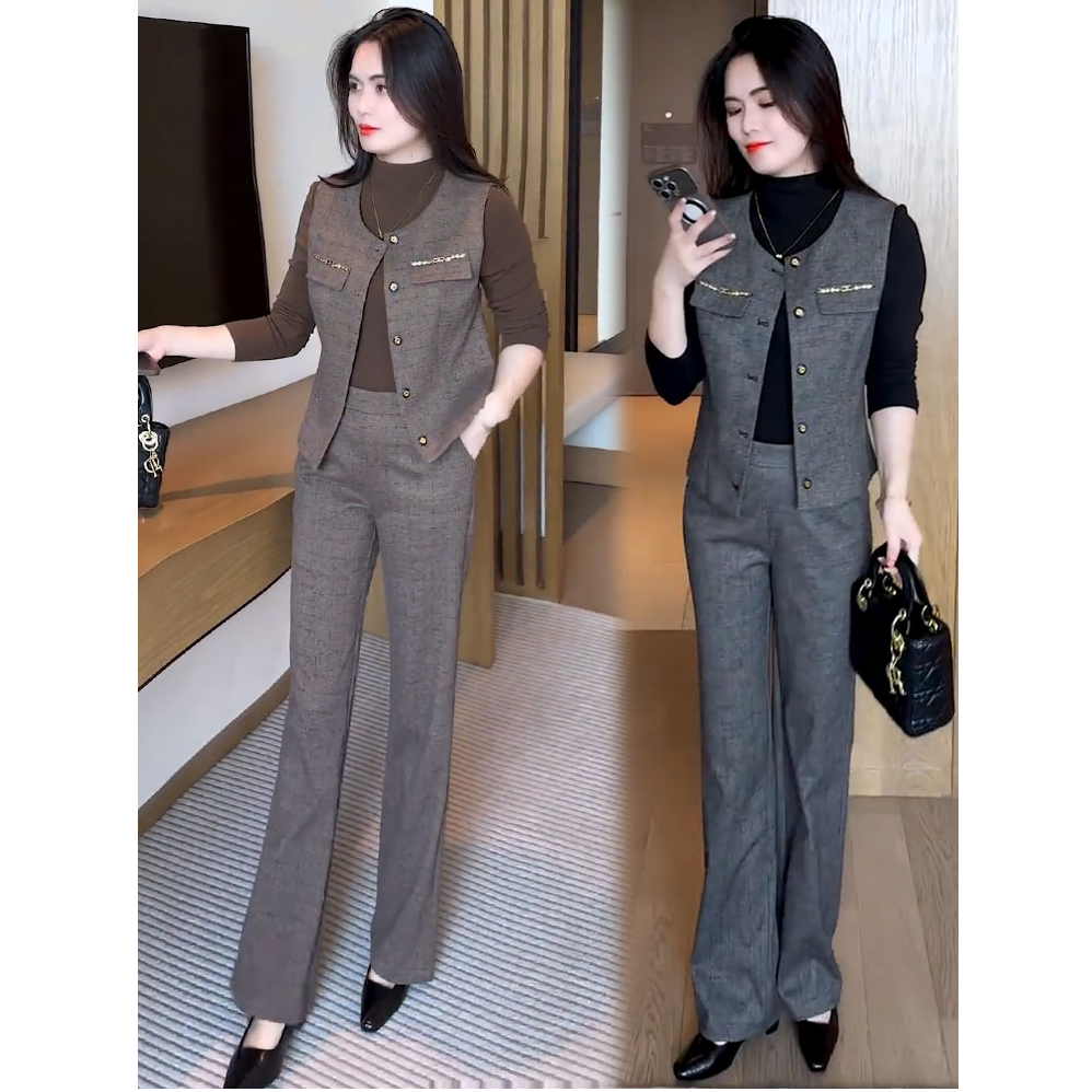 时尚套装女2025秋季新款时髦洋气休闲马甲打底衫阔腿裤气质三件套