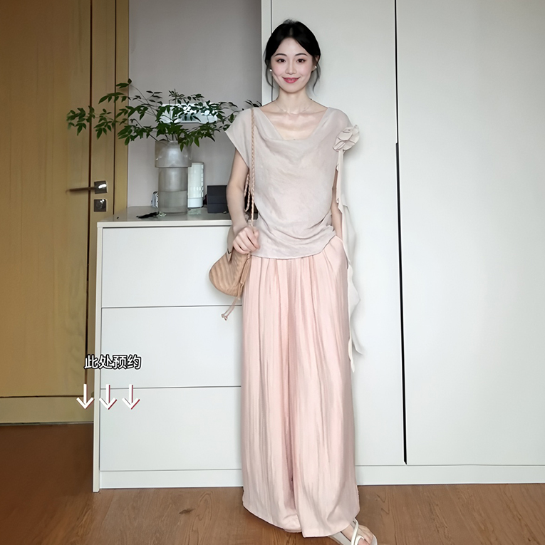 夏季韩系温柔风荡领短袖上衣高腰显瘦阔腿裤两件套女时尚休闲套装