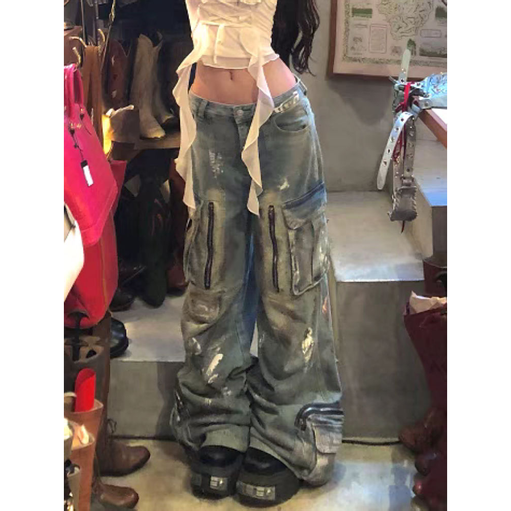 美式街头大码水洗做旧重工擦脏多口袋牛仔裤男宽松显瘦阔腿长裤潮