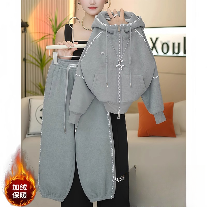 女童加绒外套卫裤套装2025新款秋冬加厚一体绒连帽运动卫衣两件套