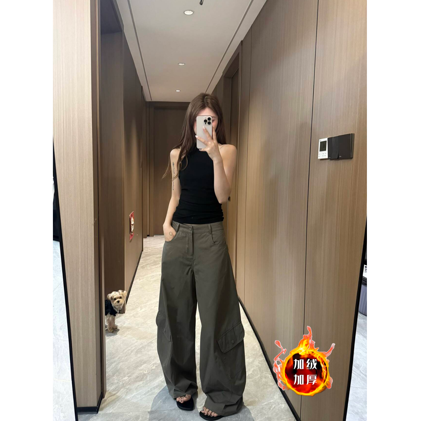 时尚加绒加厚工装裤女秋冬美式辣妹休闲裤宽松百搭阔腿裤拖地裤子