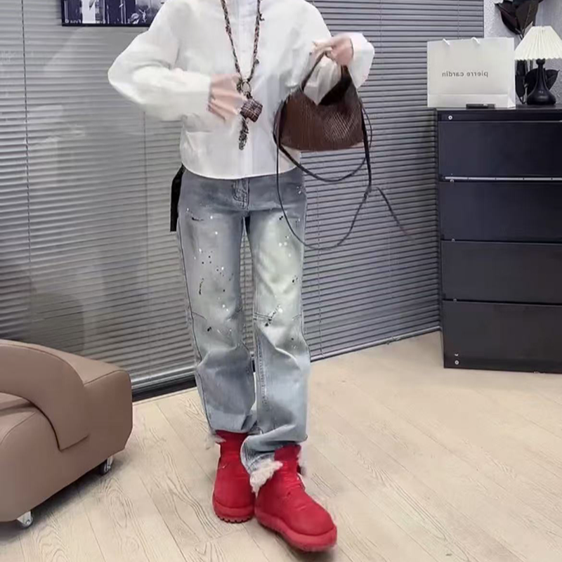 2026春季美式涂鸦风泼漆牛仔裤女洋气高街复古显瘦百搭做旧阔腿裤