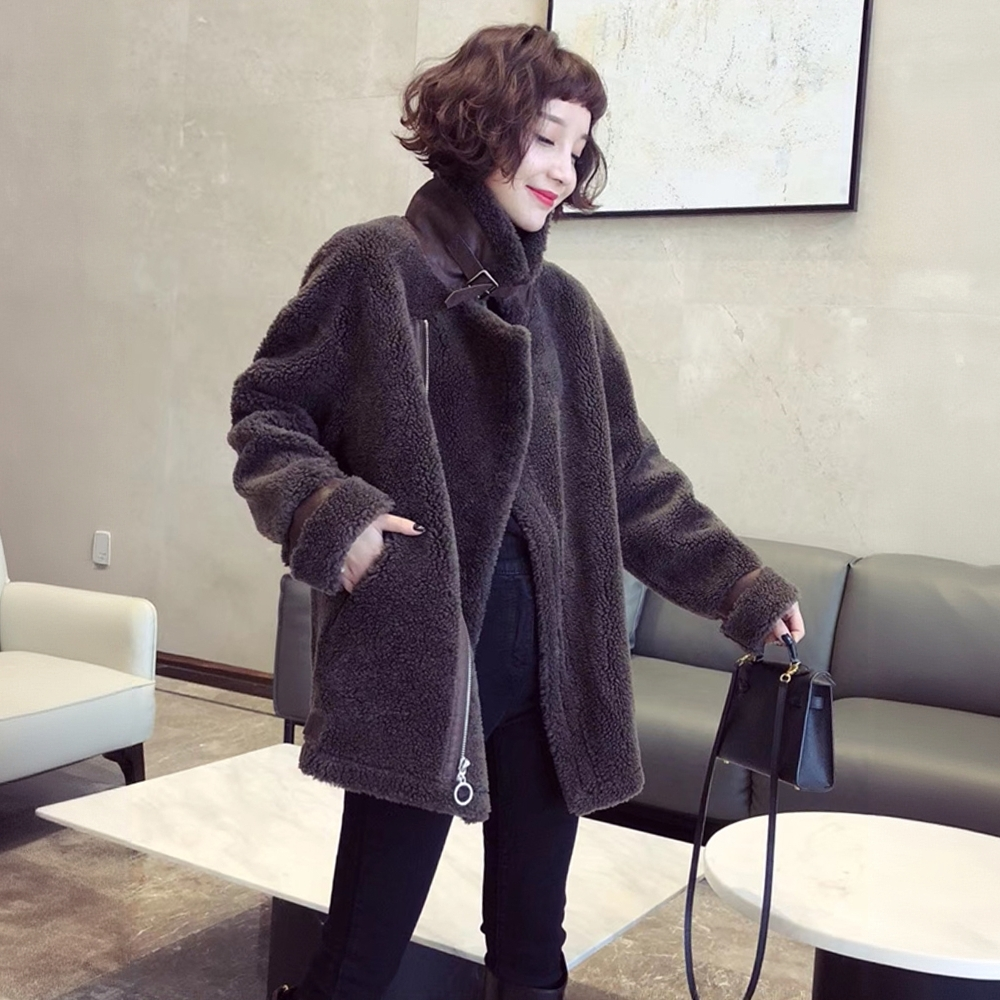 秋冬海宁羊羔毛大衣女皮毛一体外套颗粒羊剪绒中长款机车高端外套