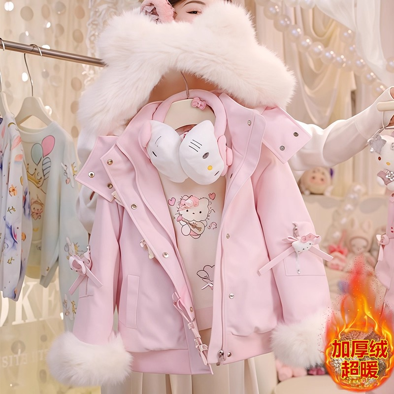 女童卡通加绒棉衣外套2025新款秋冬季加厚连帽棉服时髦夹克冲锋衣