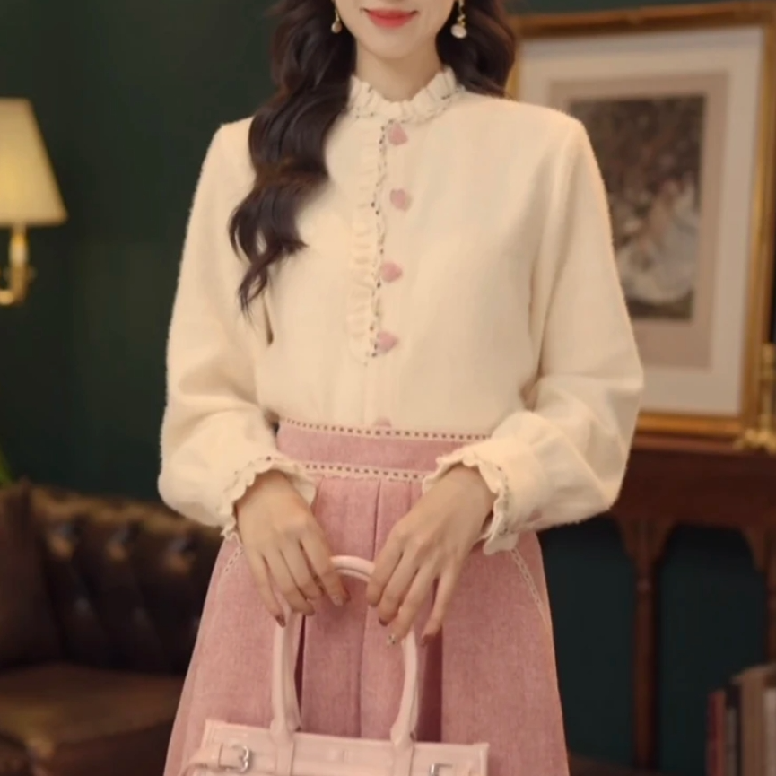 2025秋冬季复古长袖衬衫气质百搭时尚厚款衬衣翻领设计感上衣