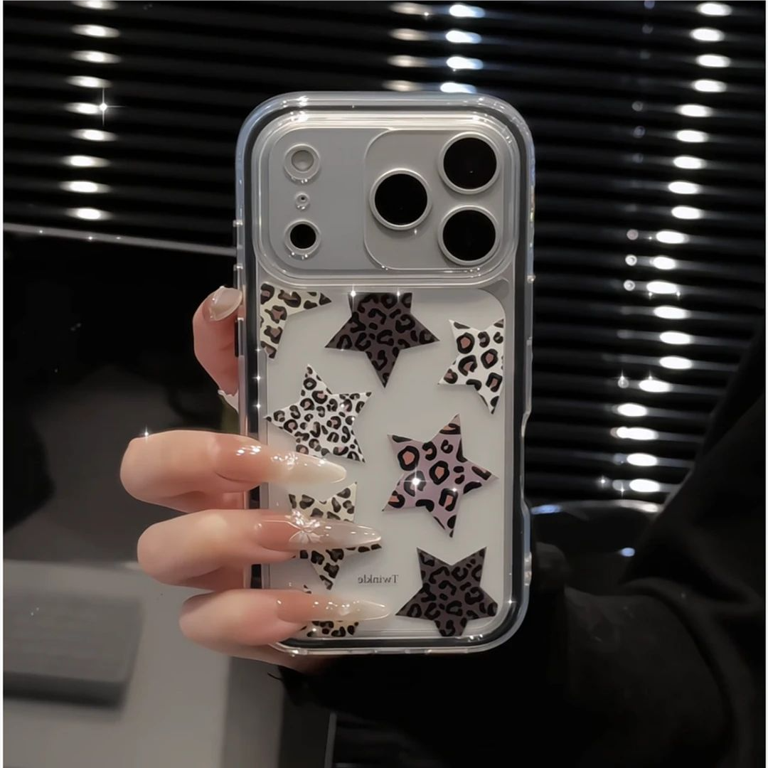 适用苹果17/16豹纹星星黑框亚克力壳华为Mate70小众pura80保护套