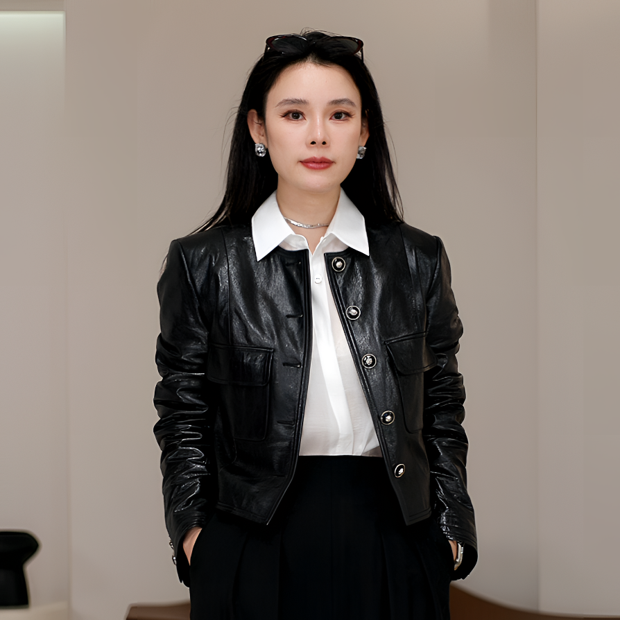 LYNEE【黑标系列】叛逆甜心圆领时尚皮夹克皮衣短款外套LGD2FAL020