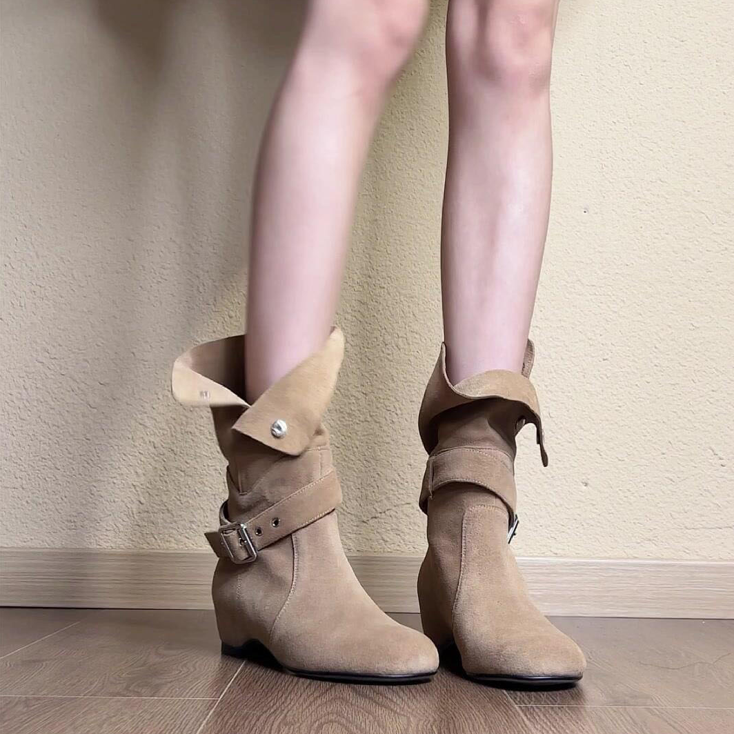 增高版~法式小众气质粗跟皮带扣中筒秋冬堆堆靴绒面女百搭时装靴