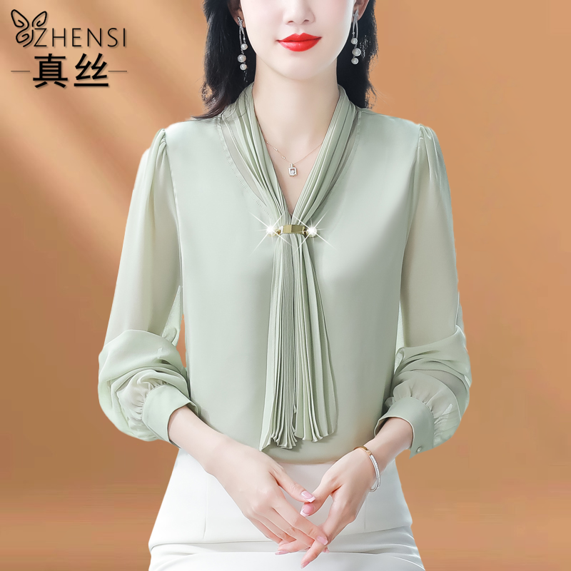 杭州高端大牌真丝衬衫女士2025秋新款长袖飘带小衫妈妈桑蚕丝上衣