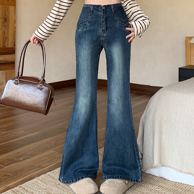 2025秋装新款胖mm大码女复古时尚设计感修身显瘦微喇牛仔裤