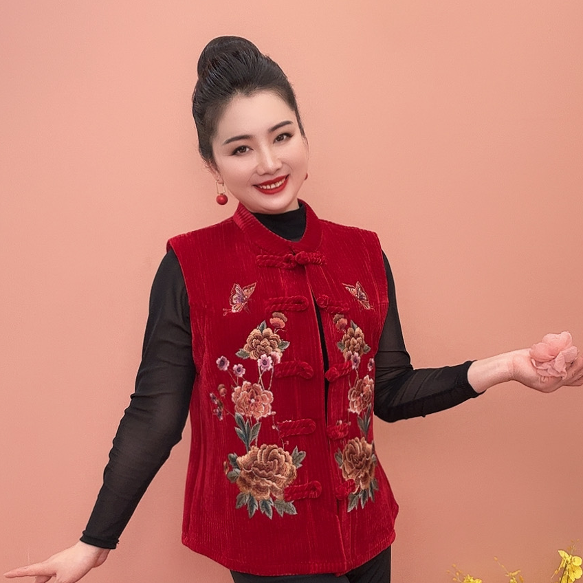 秋冬古风加绒加厚国风刺绣花条绒复古风马甲开衫盘扣