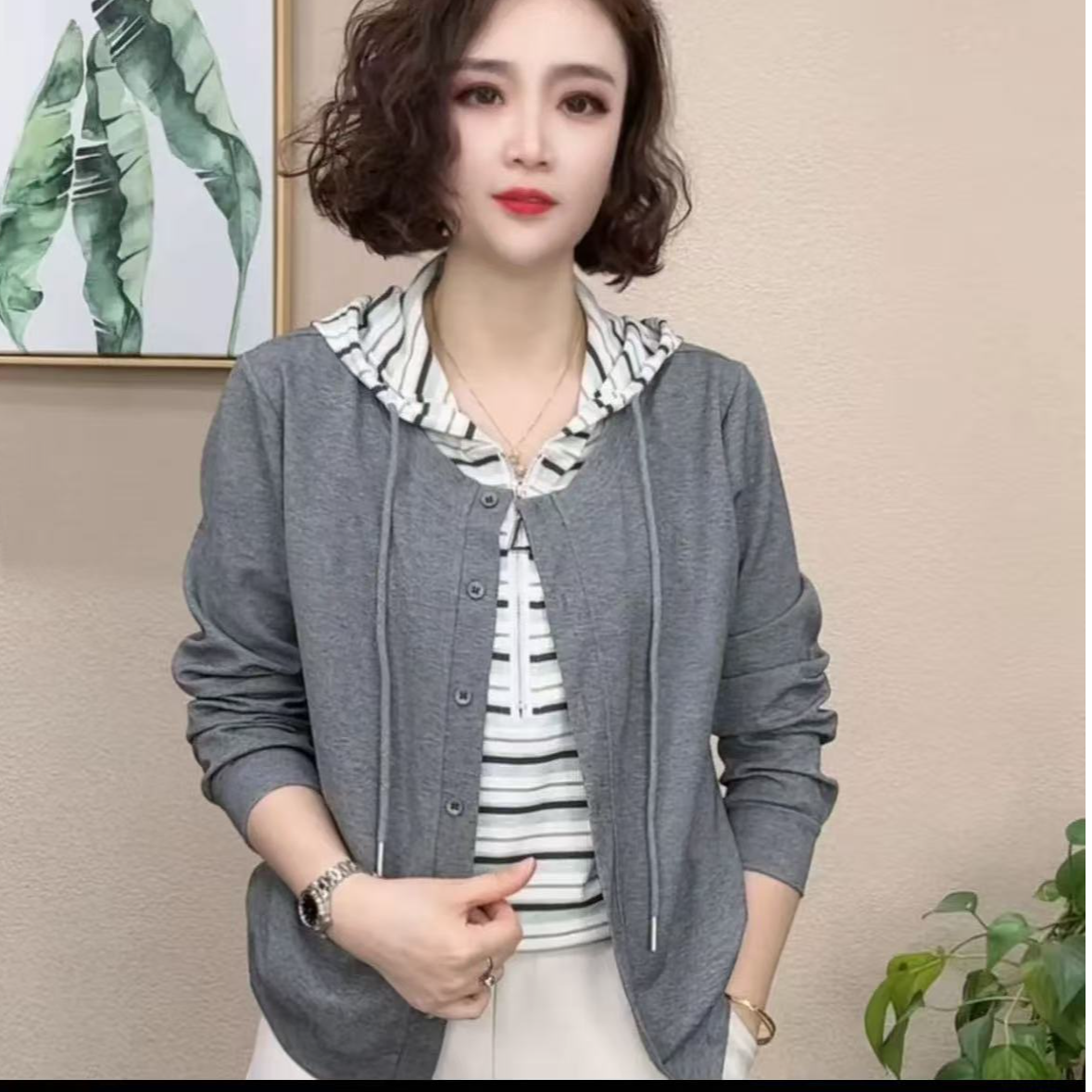 2025春秋新款时尚气质洋气休闲百搭连帽女士假两件长袖#312