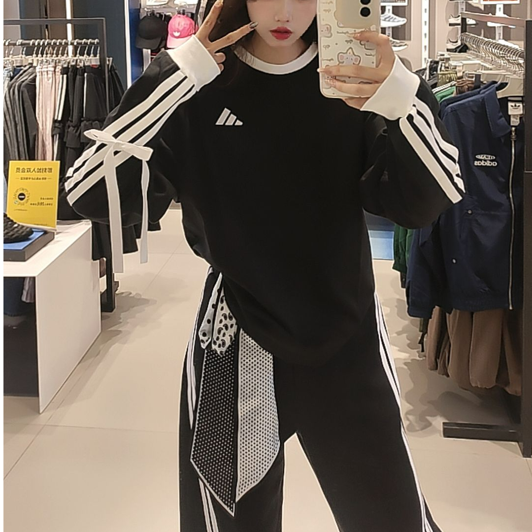 adidas阿迪达斯经典实用百搭三条纹可拆卸蝴蝶结长袖T恤 KG3858