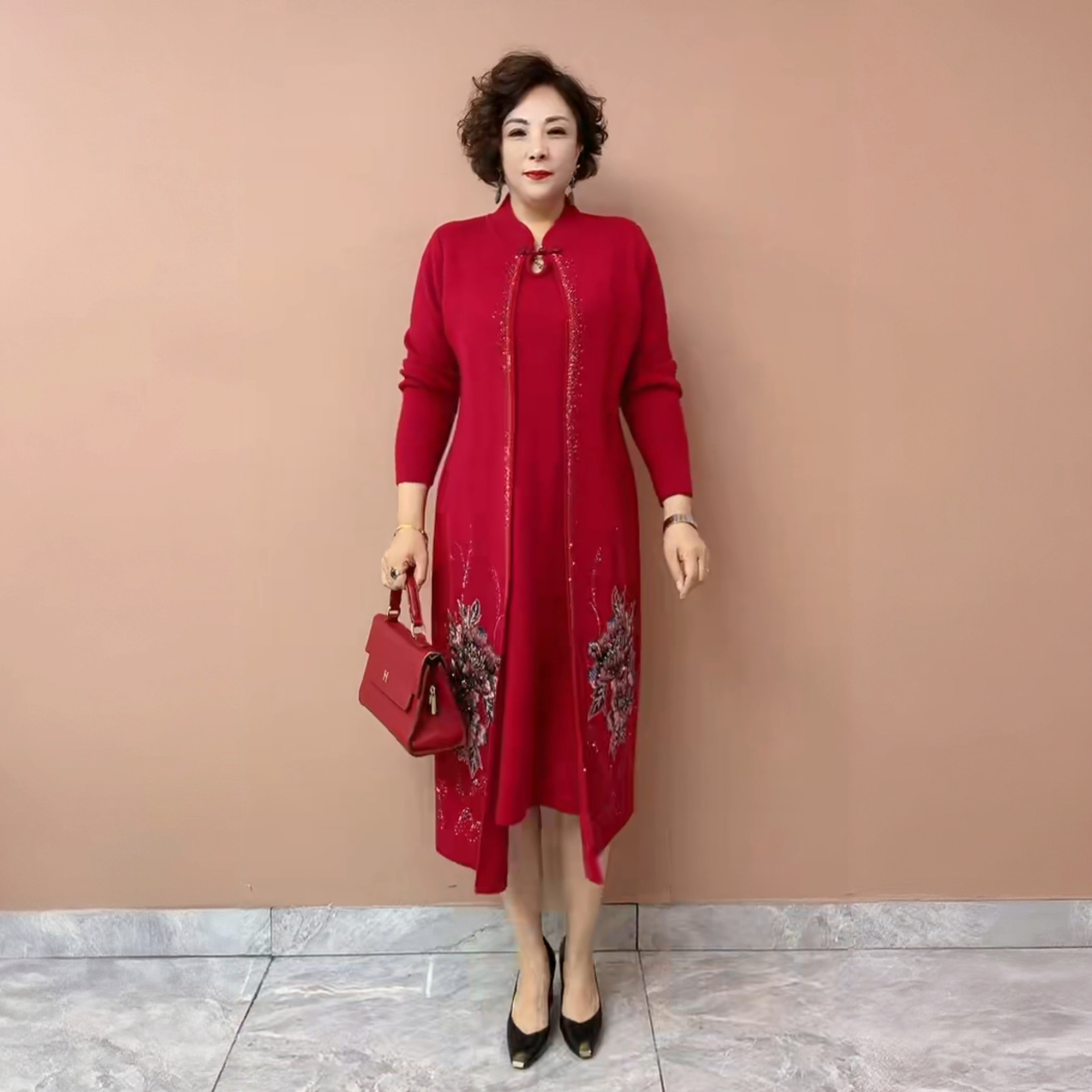 50155高贵中老年两件套针织婚宴裙刺绣外套衣裙喜女士长款婆婆