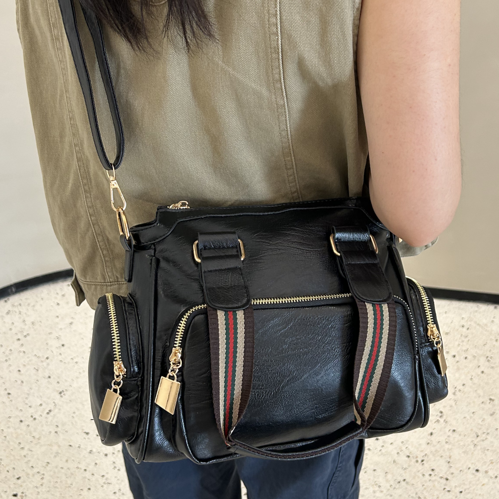 休闲通勤多口袋单肩斜挎女包时尚百搭大容量真皮软皮波士顿手提包