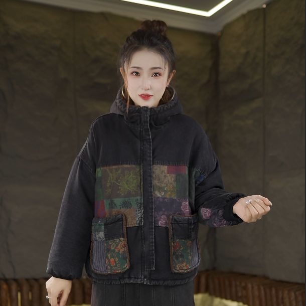 冬季新款加绒加棉加厚双面双穿时尚复古连帽棉衣拼色牛仔外套2651