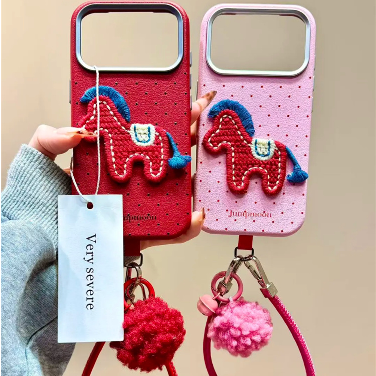 新年红波点立体刺绣小马手拎绳适用苹果17promax手机壳iPhone16新