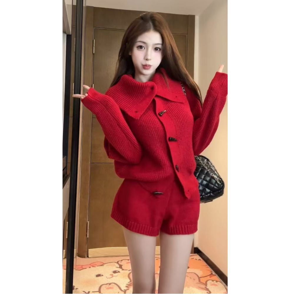 【XIAOBAWANG】法式慵懒红色针织套装秋冬季新款跨新年套装