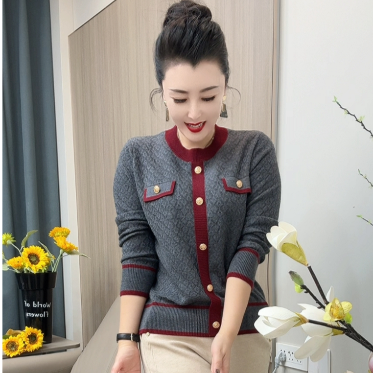 【8907】小香风针织衫时尚轻奢拼接圆领休闲百搭织花上衣