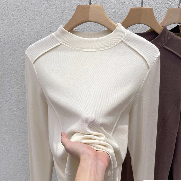 半高领加绒加厚打底衫女秋冬磨毛长袖上衣2024新款洋气双面绒内搭