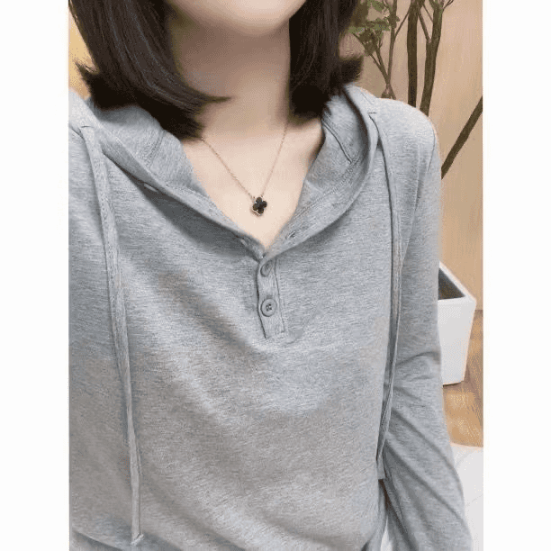 简约小众休闲连帽长袖T恤女春秋新款百搭洋气舒适显瘦灰色上衣女