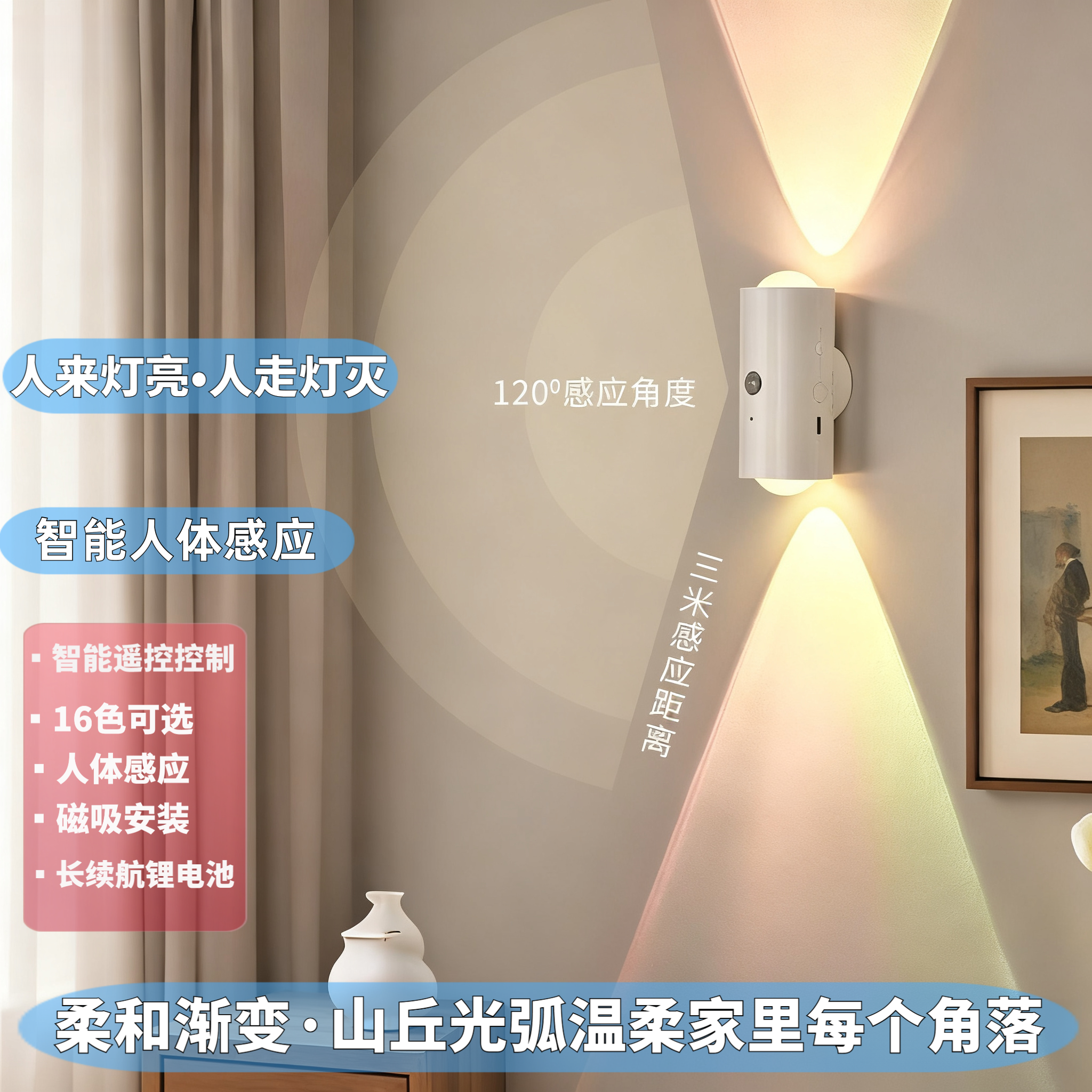夜管家智能人体感应墙壁灯七彩灯小夜灯起夜过道玄关磁吸充电式
