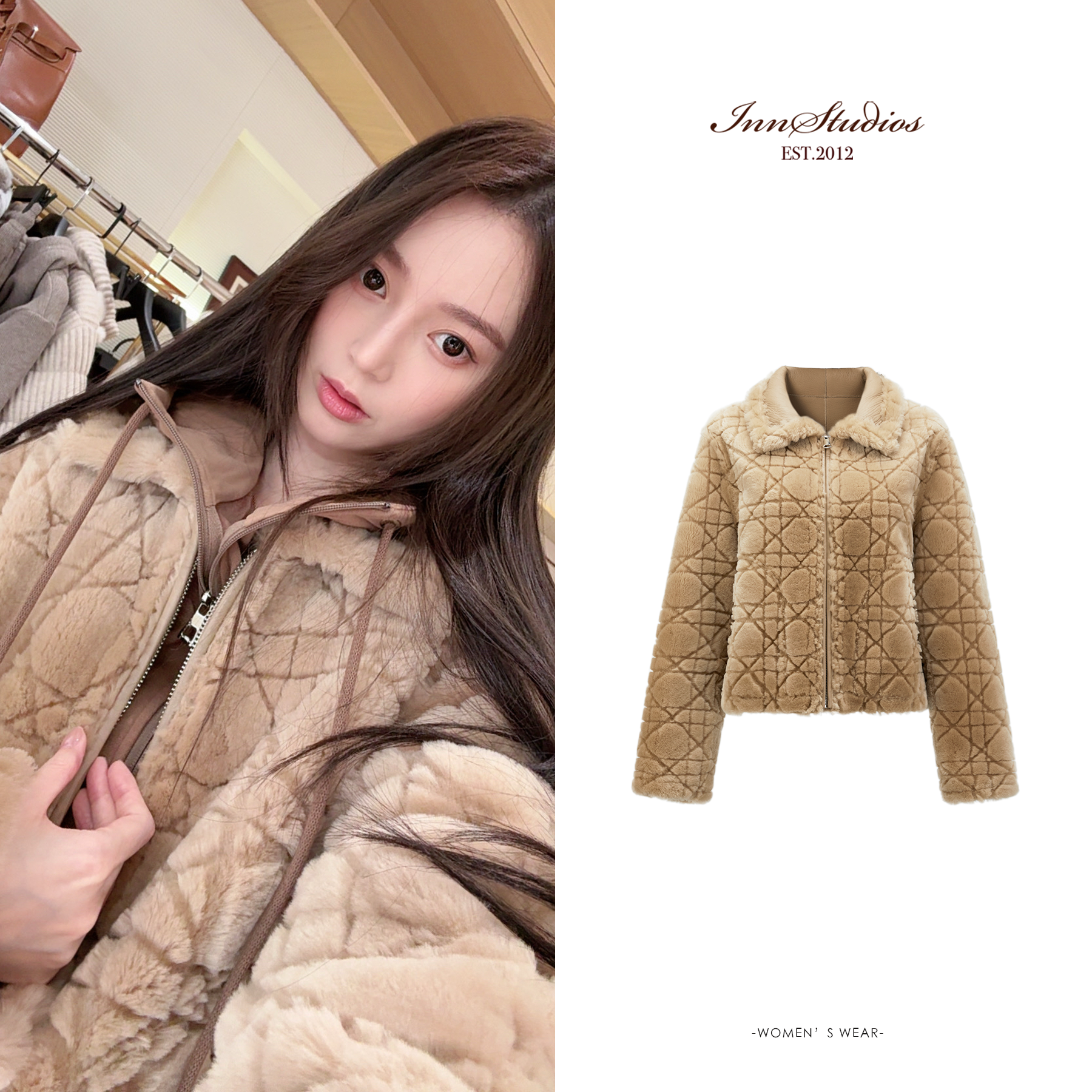 Innstudios「鎏金琥珀」高端系列南非进口羊皮毛一体戴妃格羊毛外套