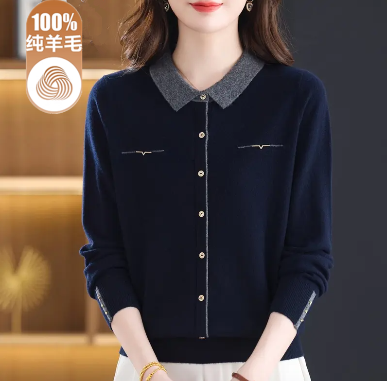 中年妈妈翻领100纯羊毛衫女2025秋冬新款毛衣宽松内搭洋气打底衫