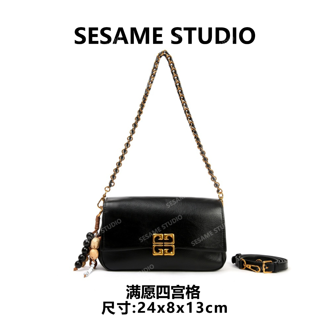 【芝麻集】【满愿四宫格】SKL-7632-黑色RAIN.CUN腋下百搭斜跨女包