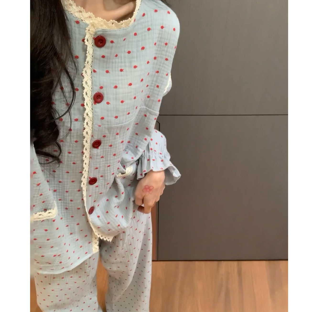 韩系复古设计感波点印花棉纱睡衣女春秋款2025新款纯棉家居服套装