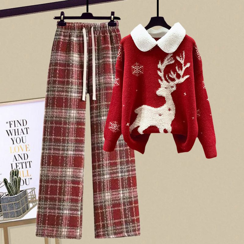 过年穿搭一整套新年战袍拜年服洋气针织毛衣搭配百搭休闲裤两件套