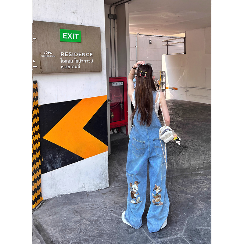 复古卡通印花米老鼠卡通牛仔连体裤女夏季穿搭宽松阔腿直筒背带裤