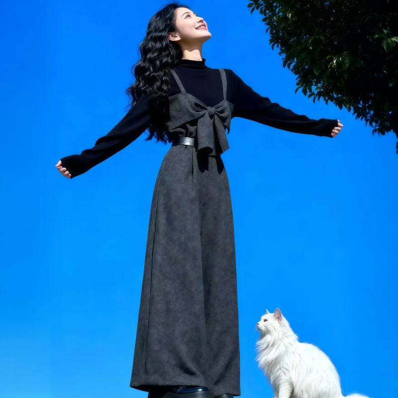 秋冬穿搭一整套装显瘦2025新款针织衫百搭蝴蝶结背带裤两件套大码