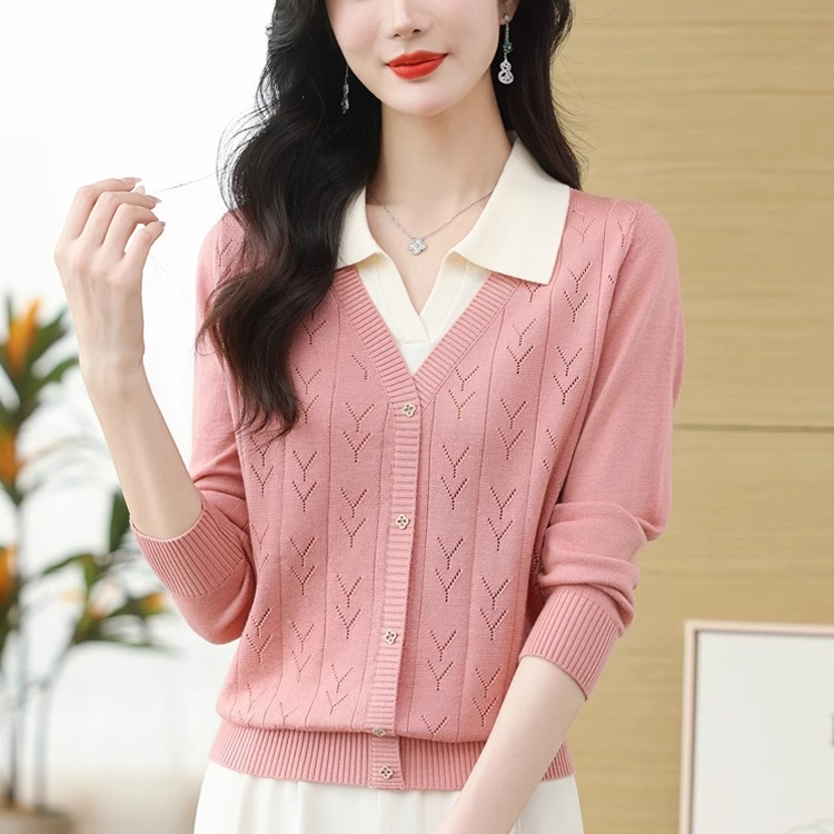 假两件针织上衣女春秋装新款气质时尚洋气POLO领毛衣宽松针织衫