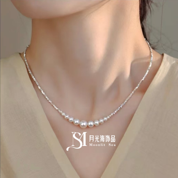 非金属珐琅项链 S925银轻奢高级碎贝珠珠遮疤项链小众百搭气质