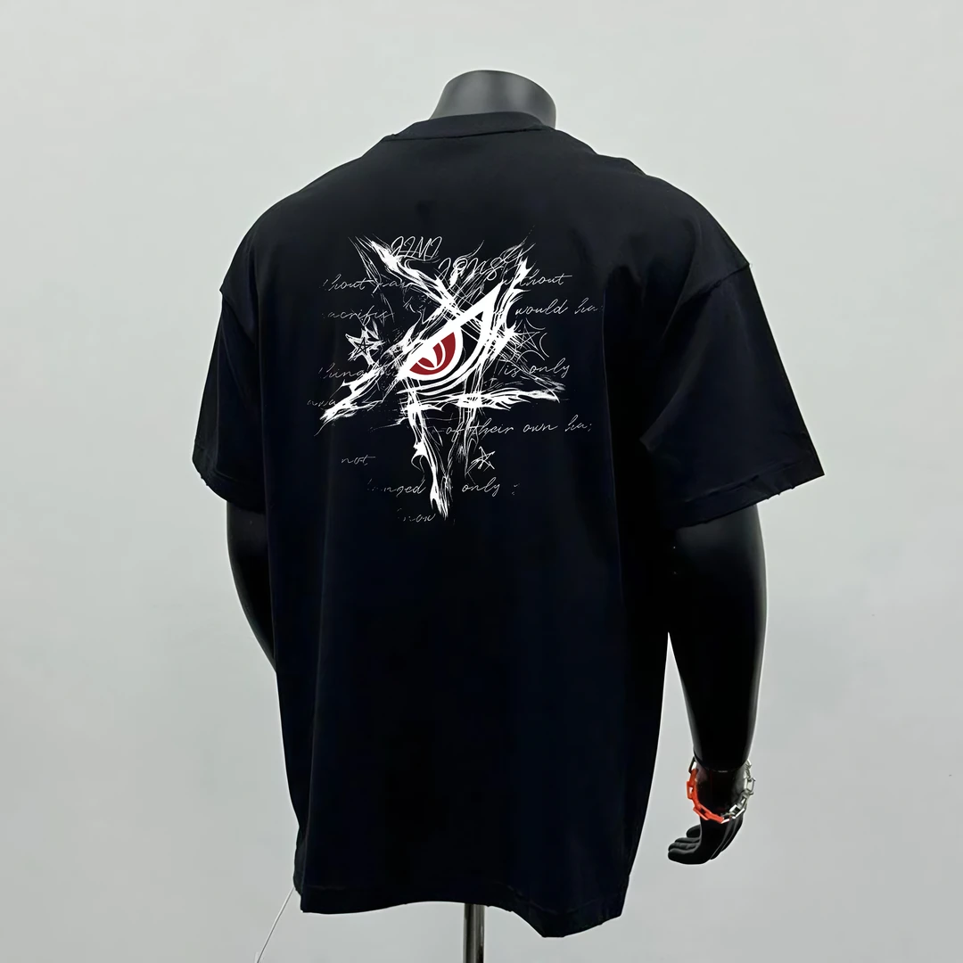 2025新款爆款重磅纯棉夏季恶魔之眼潮流国潮美式宽松个性印花T恤