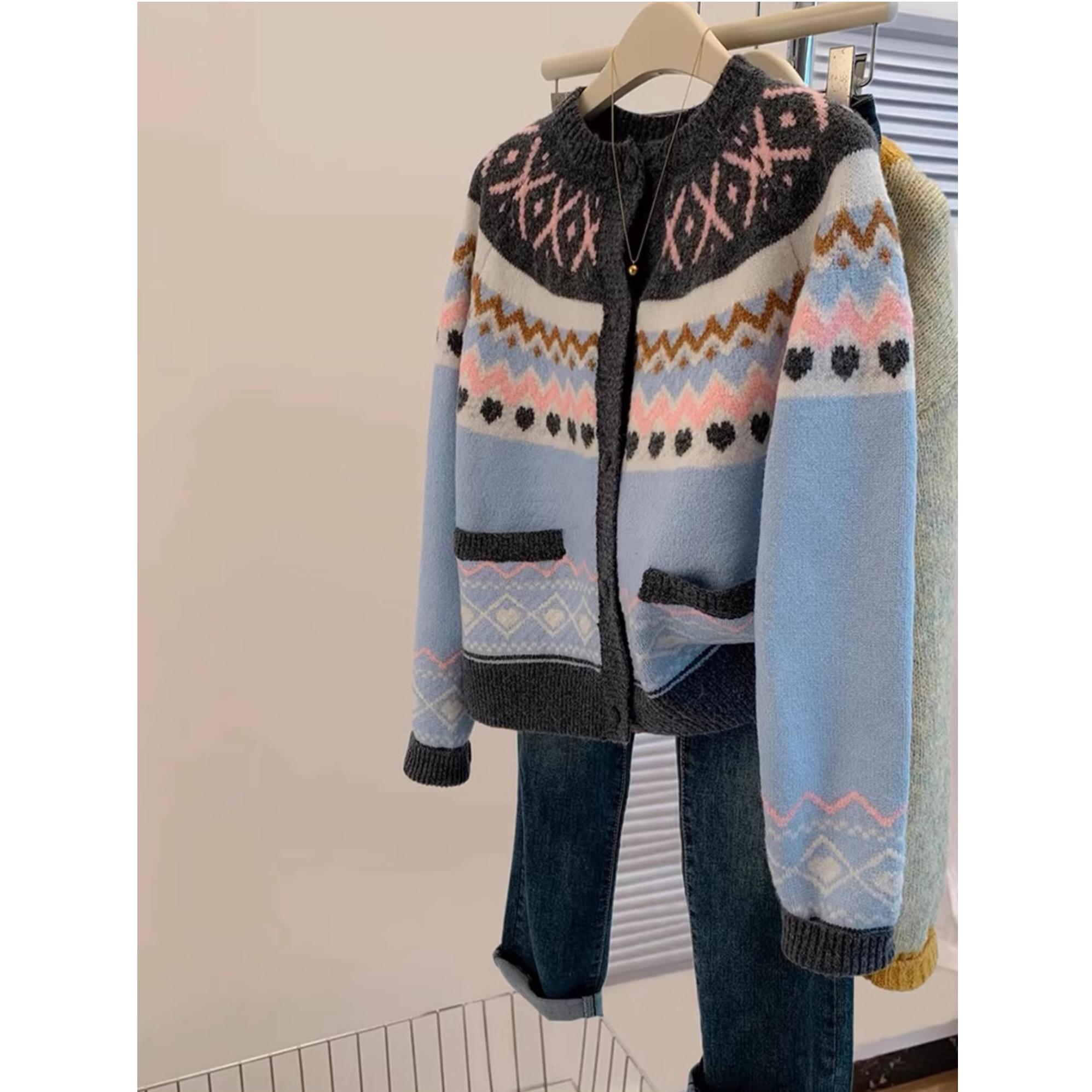 费尔岛慵懒风提花毛衣女小个子短款针织开衫2025秋冬新款外套上衣