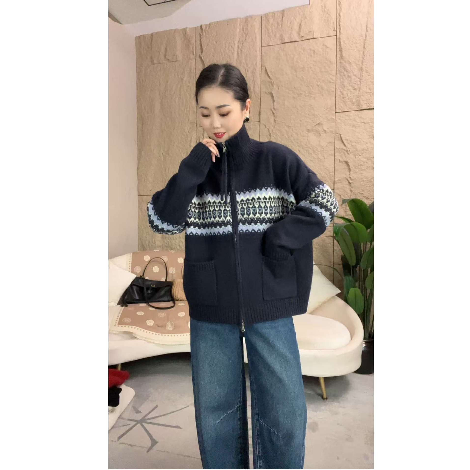新款加厚提花费尔岛-双拉链宽松保暖羊毛开衫外套Y-51015款