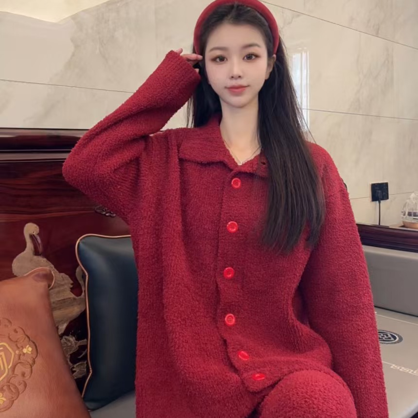 半边绒娜扎立领开衫套装小香风红色加厚翻领秋冬高档可秋冬服装