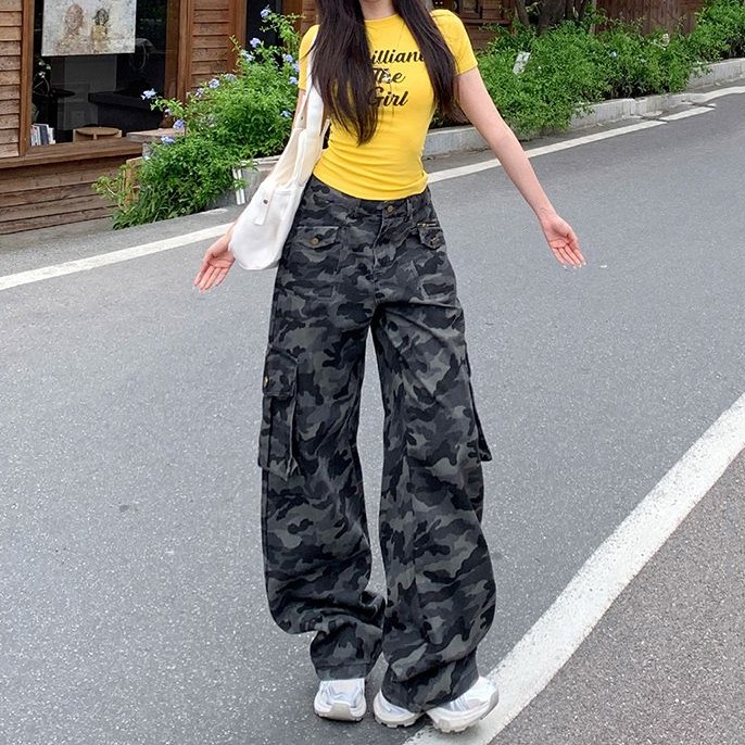 美式工装多口袋复古迷彩牛仔2025夏季新款宽松阔腿拖地裤高街