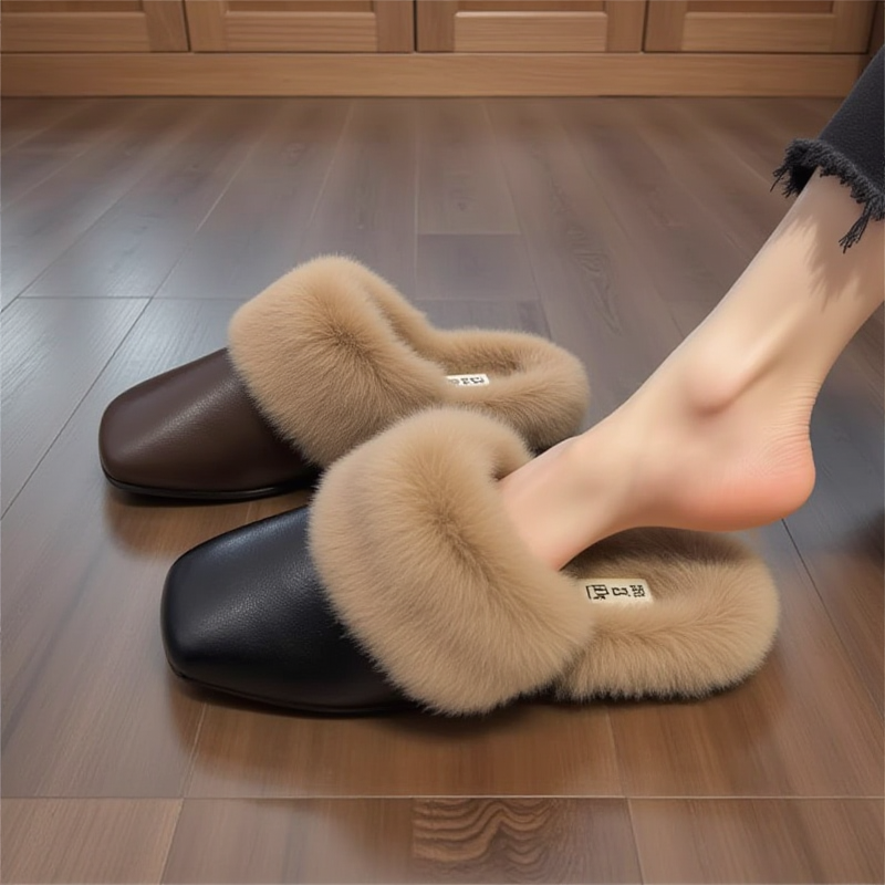 【兔毛绒】软皮毛毛拖鞋女外穿2025新款秋冬软底棉拖配裙子包头拖