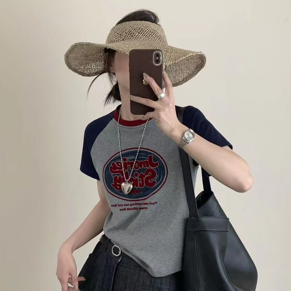 超火减龄插肩撞色短袖t恤女2025夏季新款设计感休闲百搭显瘦上衣