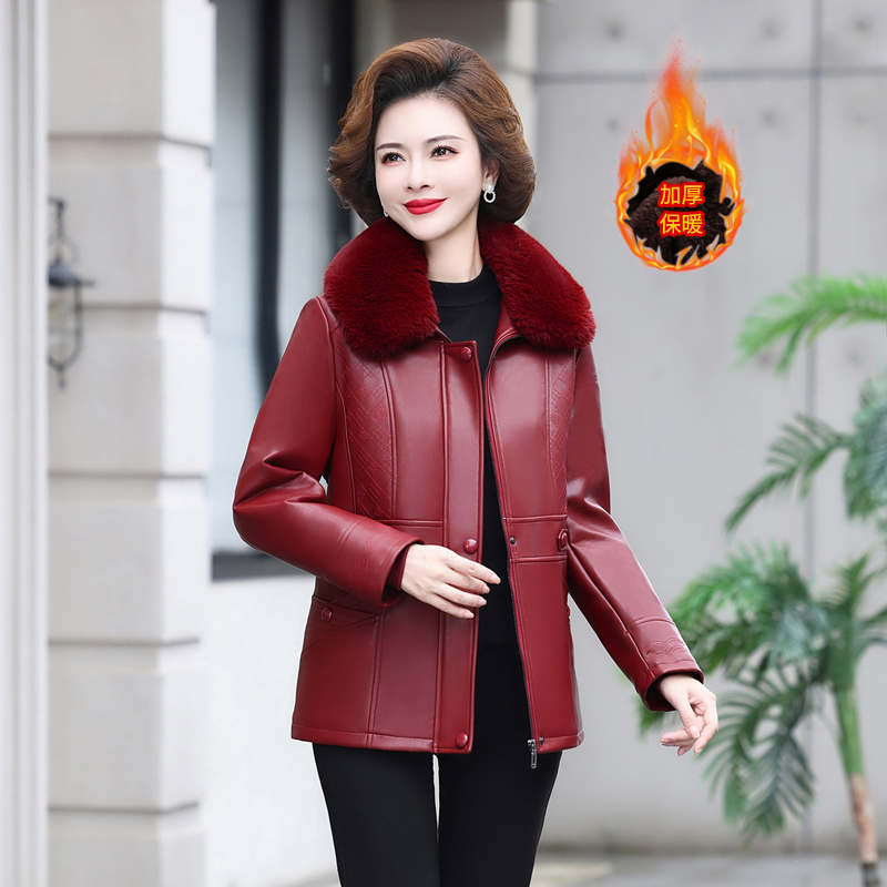 中老年女装皮衣外套女冬季新款短款妈妈皮衣夹克加绒加厚皮棉衣