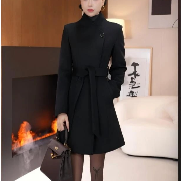 秋冬正肩袖夹棉加厚毛呢外套收腰气质呢大衣羊毛羽绒服毛呢外套女